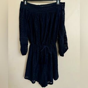 Hollister Lace Long Sleeve Off the Shoulder Romper Navy